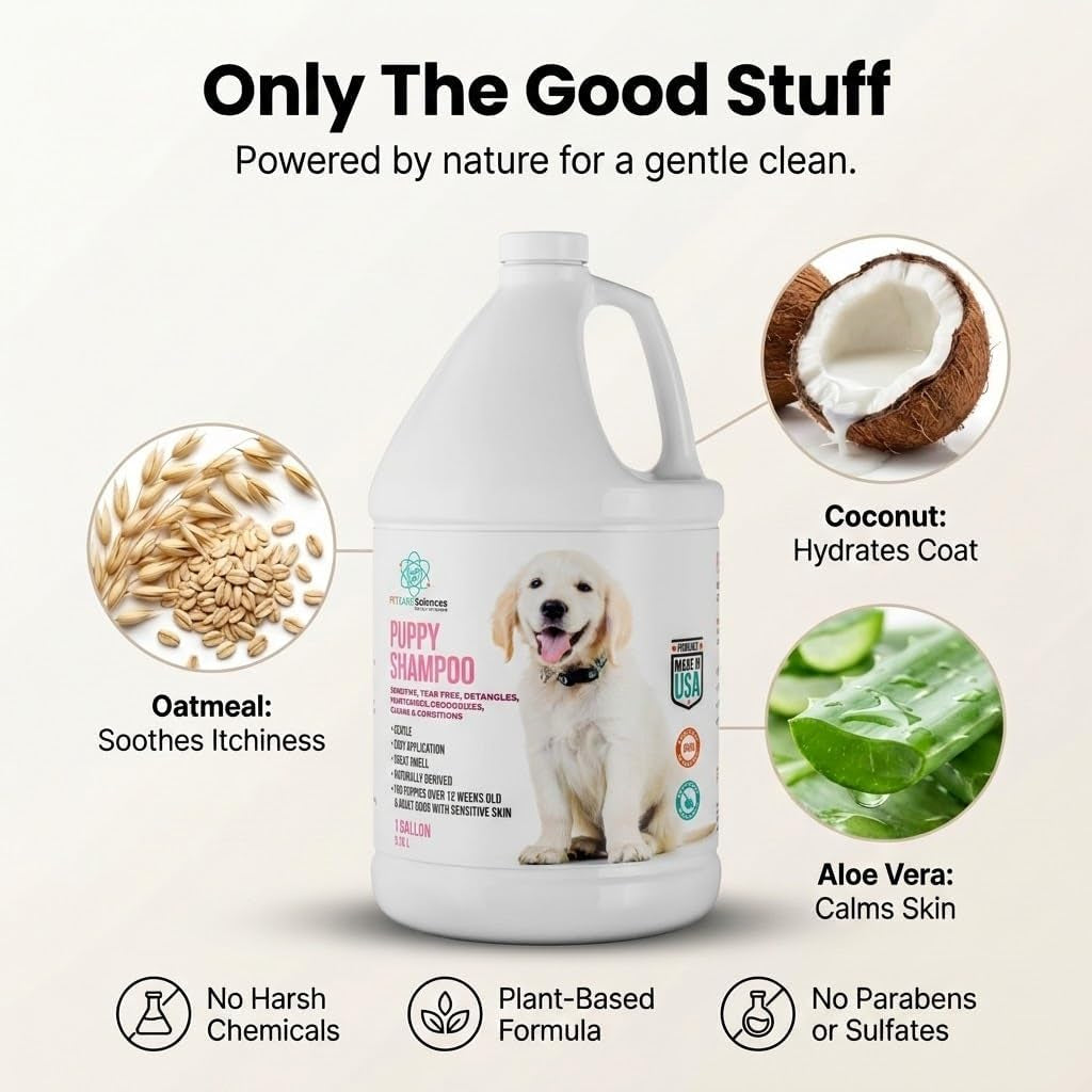 1 Gallon Tearless Puppy Shampoo and Conditioner - Dog Shampoo Itchy Skin Relief - Coconut Oil Oatmeal Shampoo for Dogs - Hypoallergenic Dog Shampoo Sensitive Skin, Made in the USA.