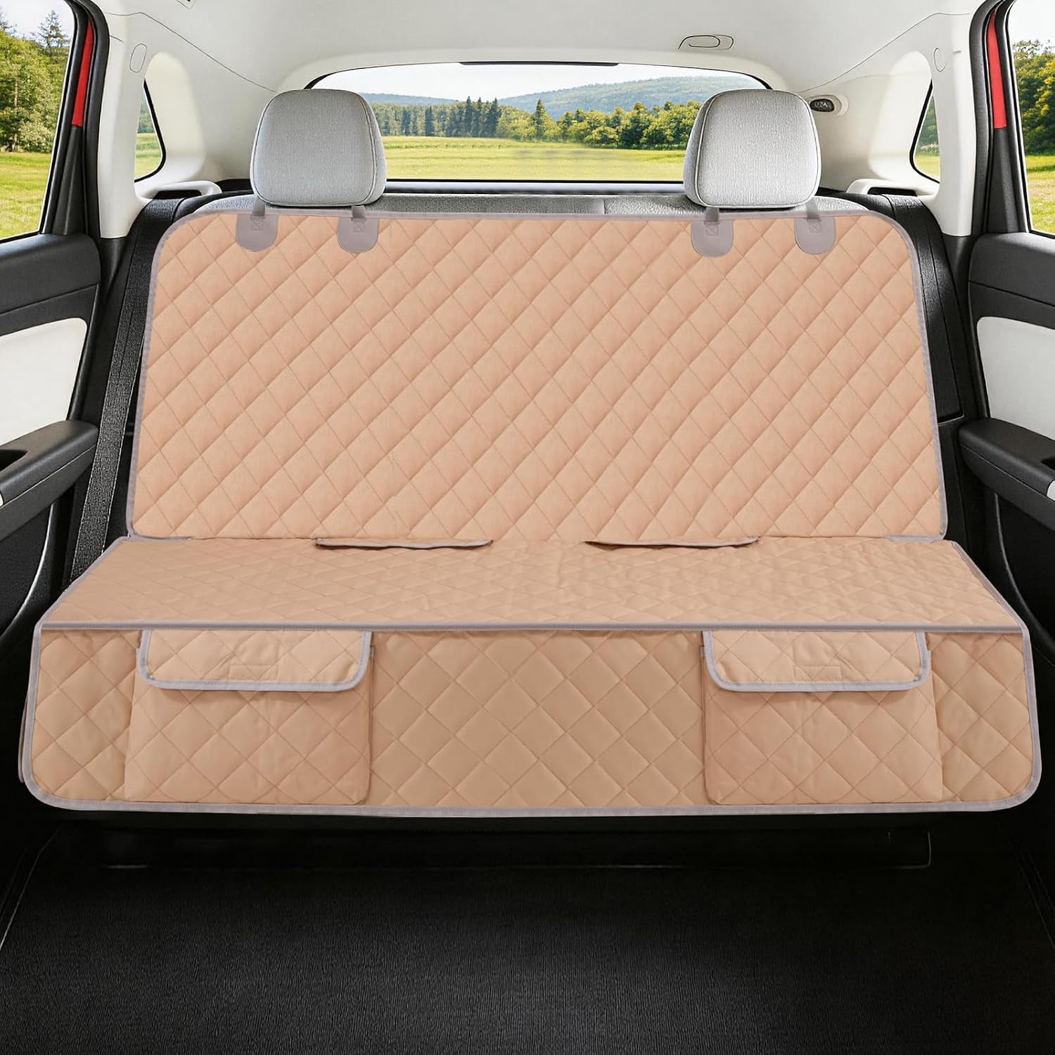 Dog Car Seat Cover for Back Seat Waterproof Backseat Protector, Nonslip Rear Seat Cover for Kids,Universal Size Fits Cars Trucks Suvs (Beige)