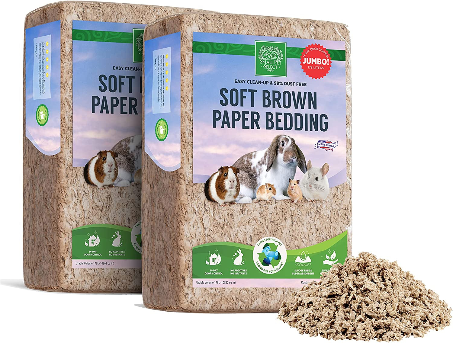 Paper Bedding, Brown, Odor Control, 178 L, 2-Pack | Soft Natural Absorbent Bedding, Odor Control, Made in USA, for Guinea Pigs, Rabbits, Hamsters & Small Pets