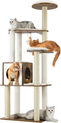 Cat Tree, 64.6-Inch Modern Cat Tower, Multi-Level Condo with 5 Scratching Posts, Perch, Washable Removable Cushions, Cave, Rustic Brown UPCT166X01