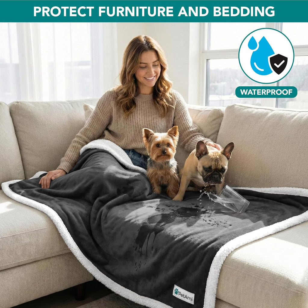 Waterproof Dog Blanket for Small Dogs & Cats – 29" x 40" Reversible Sherpa Fleece Pet Blanket, Pee-Proof Furniture Protector for Couch, Sofa & Kennel, Washable, Charcoal