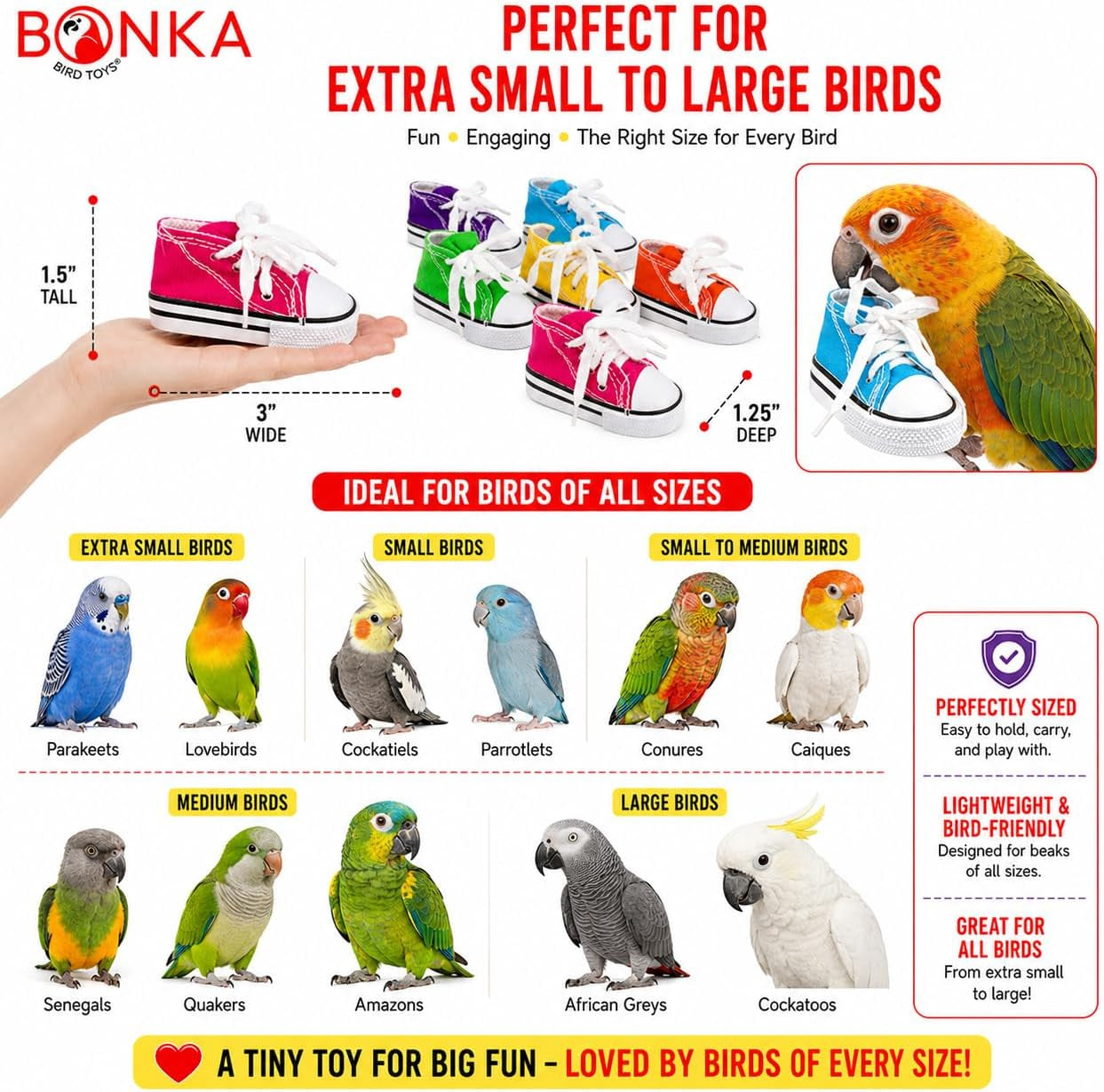 6 Mini Sneakers Colorful Cotton Shredding Parrot Parrotlet Budgie Finch Cockatoo | Fill with Treats or Shredding Material for Engaging Foraging and Interactive Foot Play