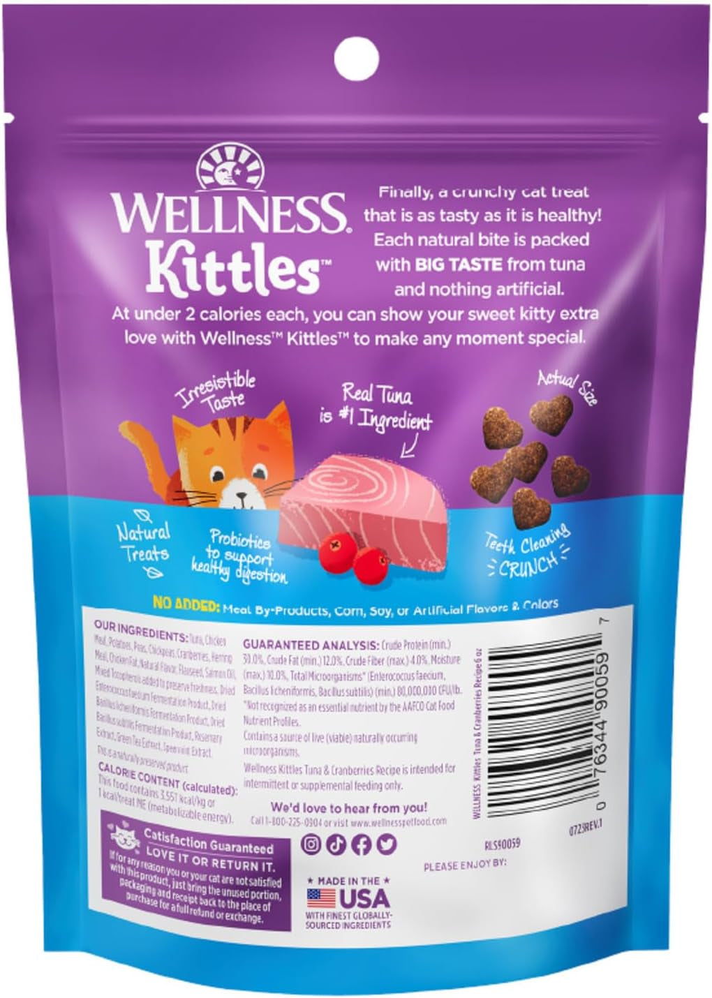 Kittles Crunchy Cat Treats, All Lifestages, Kitten to Senior, Natural, Grain Free, Tuna and Cranberry Flavor, 6 Oz Bag