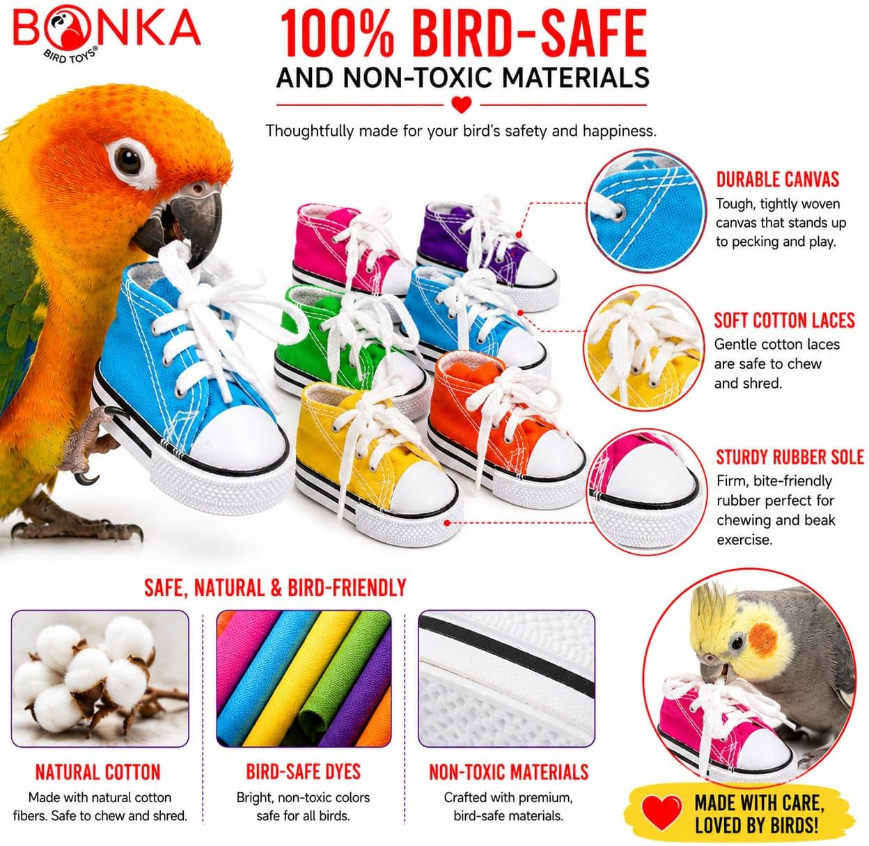 6 Mini Sneakers Colorful Cotton Shredding Parrot Parrotlet Budgie Finch Cockatoo | Fill with Treats or Shredding Material for Engaging Foraging and Interactive Foot Play