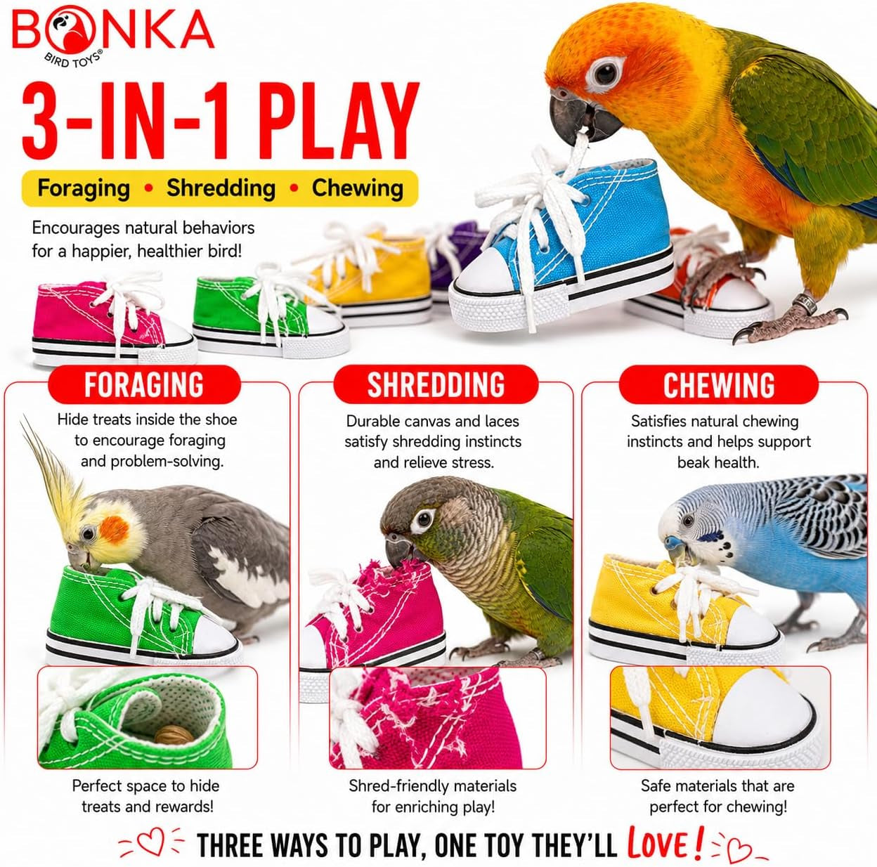 6 Mini Sneakers Colorful Cotton Shredding Parrot Parrotlet Budgie Finch Cockatoo | Fill with Treats or Shredding Material for Engaging Foraging and Interactive Foot Play
