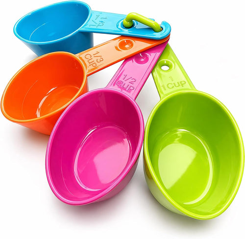 Dog Food Scoop Set of 4 - Plastic Measuring Cups for Dog, Cat and Bird Food (Random Color) | 4 Measuring Cup Sizes, 1 Cup 1/2 Cup 1/3 Cup 1/4 Cup, Flat Base, Stackable Storage, Random Color