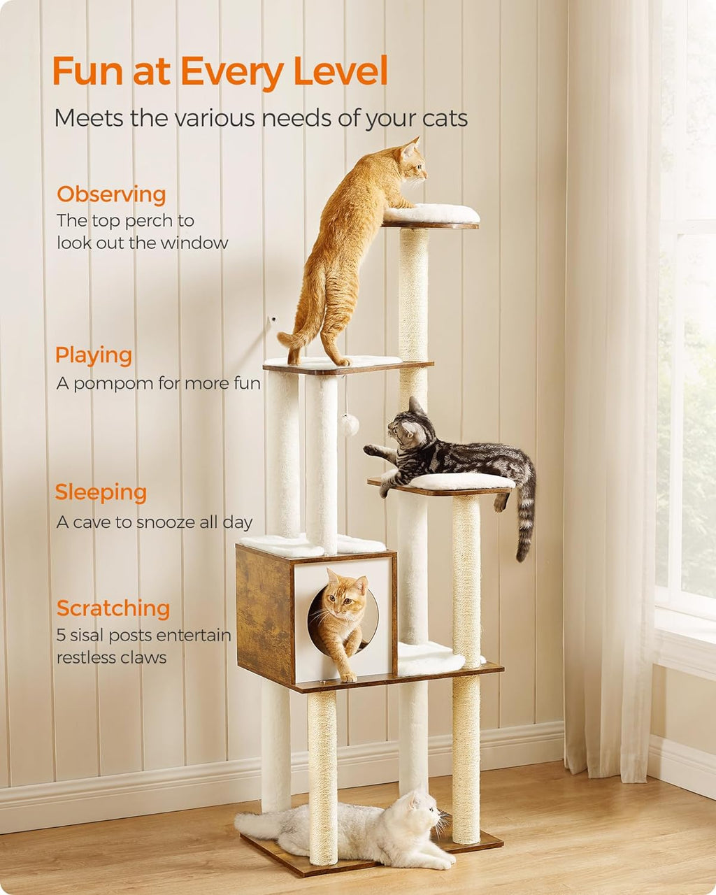 Cat Tree, 64.6-Inch Modern Cat Tower, Multi-Level Condo with 5 Scratching Posts, Perch, Washable Removable Cushions, Cave, Rustic Brown UPCT166X01