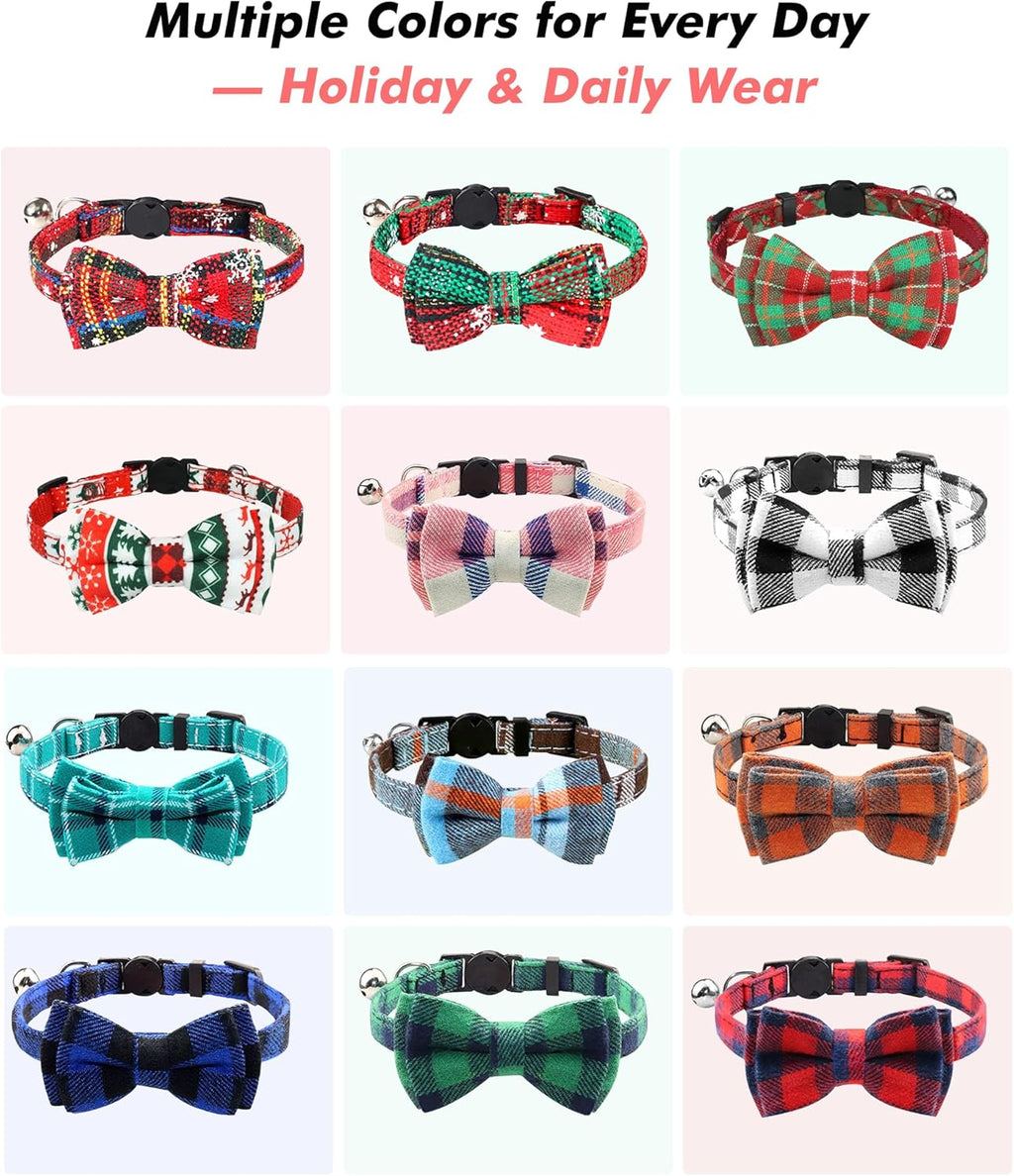 Upgraded Breakaway Cat Collar with Bow Tie & Bell – Adjustable Safety Plaid Kitten Collar for Boy & Girl Cats, Blue